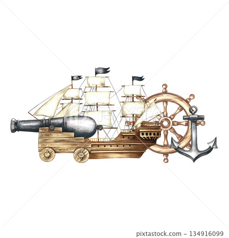 Marine composition. Hand-drawn watercolor illustration. Sailing ship, ship cannon, steering wheel, anchor. Color image. For children's games and celebrations, stickers, posters and banners, packaging. Marine composition. Hand-drawn watercolor illustration. Sailing ship, ship cannon, steering wheel, anchor. Color image. For children's games and celebrations, stickers, posters and banners, packaging. 134916099