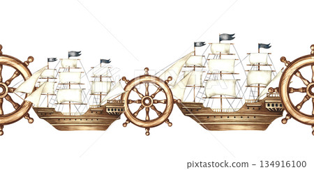 Seamless border with sailing ships and ship's rudders. Handmade watercolor illustrations. For textiles and postcards, posters and banners, packaging, and more. Seamless border with sailing ships and ship's rudders. Handmade watercolor illustrations. For textiles and postcards, posters and banners, packaging, and more. 134916100
