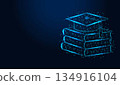 Low poly wireframe graduation cap on stack of books on dark blue background. 134916104