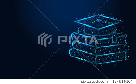 Low poly wireframe graduation cap on stack of books on dark blue background. 134916104