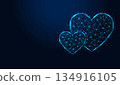 Low poly wireframe two hearts on dark blue background. 134916105