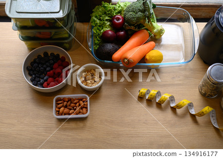 Health food raspberry and blueberry with almond and grain, Top view and copy space 134916177