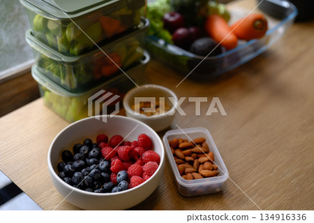 Health food raspberry and blueberry with almond and grain, Top view and copy space 134916336