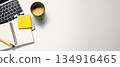 Office desk table with blank notebook, laptop, supplies and coffee cup. Top view with copy space. Flat lay. 134916465