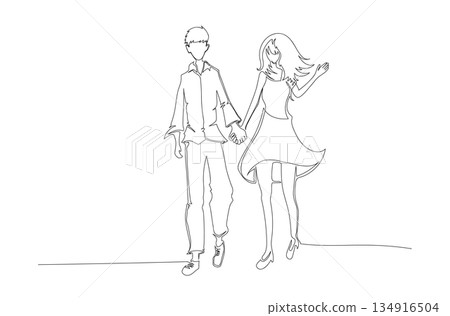 Continuous One Line Drawing of a Couple Walking Together, Love and Romance Concept eps10 Continuous One Line Drawing of a Couple Walking Together, Love and Romance Concept eps10 134916504