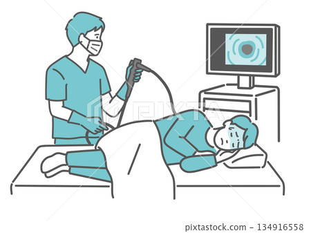 Illustration of a colonoscopy examination where pain and discomfort are felt (without sedation) Illustration of a colonoscopy examination where pain and discomfort are felt (without sedation) 134916558