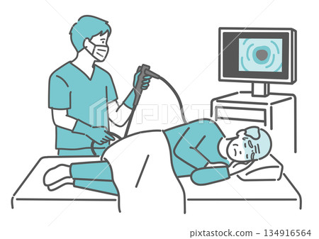 Illustration of a colonoscopy examination in which pain and discomfort are felt (elderly man, no sedative) 134916564