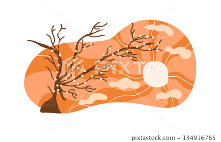 Hand-Drawn Minimalist Nature Illustration with Autumn Trees, Orange Cloudy Sky, and Shining Sun 134916765