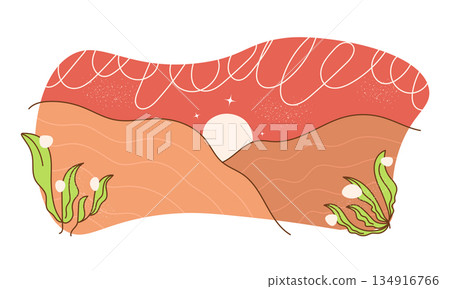 Hand Drawn Minimalist Desert Landscape Illustration with Sun in the Middle of Sand Dunes 134916766