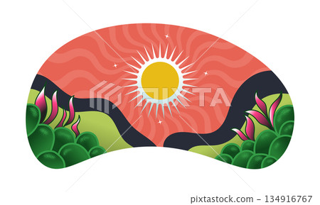Minimalist Nature Landscape Illustration with Green Hills, Lush Garden Plants, and Bright Sun Shining in an Orange Sky 134916767