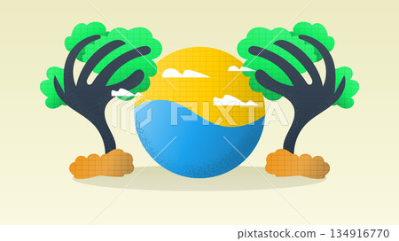 Eco Friendly Nature Illustration Concept, with Tree Shaped Hands Protecting the Earth, with Orange Sky and Blue Ocean Waves 134916770