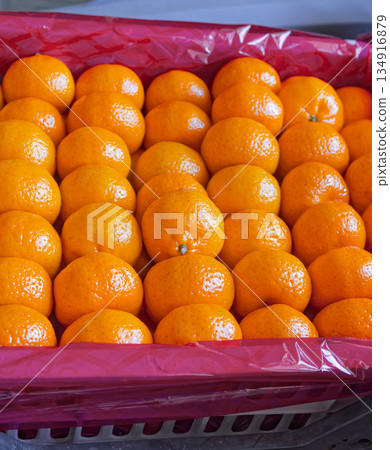 Fresh tangerines in boxes on the shelves of a grocery supermarket, tangerines on the shelves of a grocery store Fresh tangerines in boxes on the shelves of a grocery supermarket, tangerines on the shelves of a grocery store 134916879