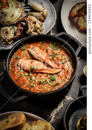 Portuguese traditional food Crab soup risotto meal on restaurant table in lisbon Portuguese traditional food Crab soup risotto meal on restaurant table in lisbon 134916932