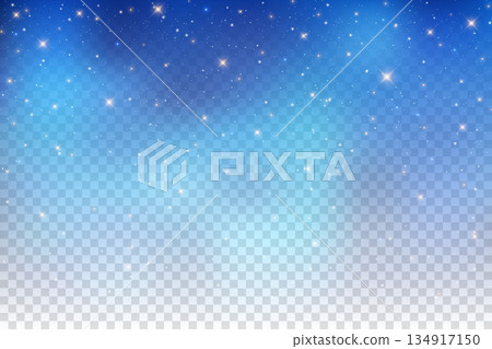 Starry transparent night sky with golden dust of glitter. Vector galaxy with light effect of small stellar particles. Magic cosmic decoration with realistic twinkles and constellations Starry transparent night sky with golden dust of glitter. Vector galaxy with light effect of small stellar particles. Magic cosmic decoration with realistic twinkles and constellations 134917150