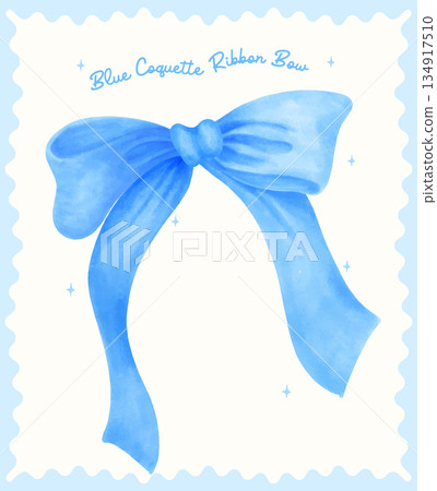 Coquette long ribbon bow blue watercolor hand painting in a preppy aesthetic. 134917510