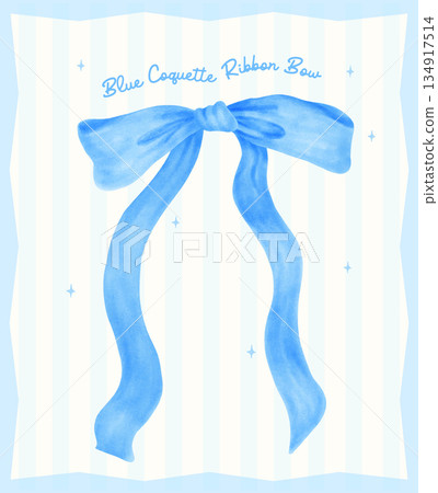 Elegant Coquette long ribbon bow blue watercolor hand painting in a preppy aesthetic. 134917514