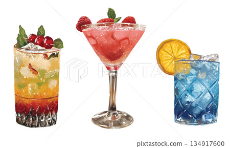 一套水彩插畫,包含三款雞尾酒,白色背景,適用於夏季度假村或酒吧的設計材料。 一套水彩插畫,包含三款雞尾酒,白色背景,適用於夏季度假村或酒吧的設計材料。 134917600