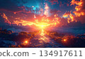 Sunset sky vibrant clouds glowing path mountain landscape starry night dramatic light rocky trail wildflower meadow fantasy scene colorful horizon 134917611