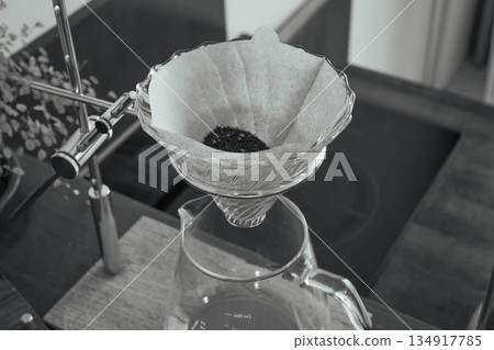 Coffee Grounds in Filter Ready for Brewing (B&W) 134917785