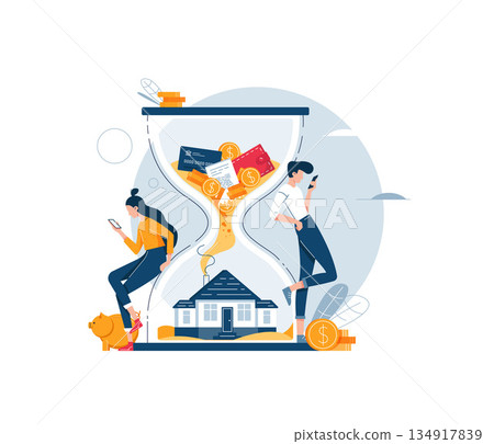 Property investment web template. Couple of investors await for generating profit from long-term investing. Rising housing market Property investment web template. Couple of investors await for generating profit from long-term investing. Rising housing market 134917839