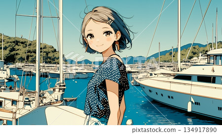 一位年輕女子站在沖繩的一個遊艇碼頭。 134917890