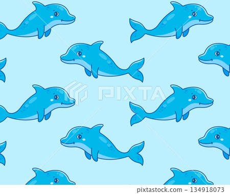 Cute cartoon dolphin. Sea pattern. Isolated background. Vector illustration Cute cartoon dolphin. Sea pattern. Isolated background. Vector illustration 134918073