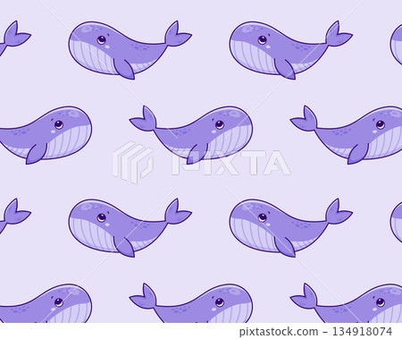 Cute cartoon whale. Sea pattern. Isolated background. Vector illustration 134918074