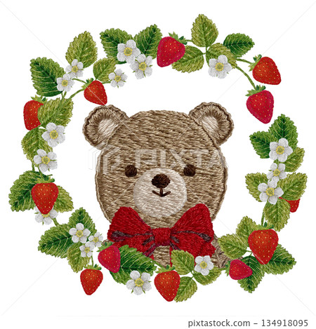[Strawberry and teddy bear round frame] Hand embroidery illustration material 134918095