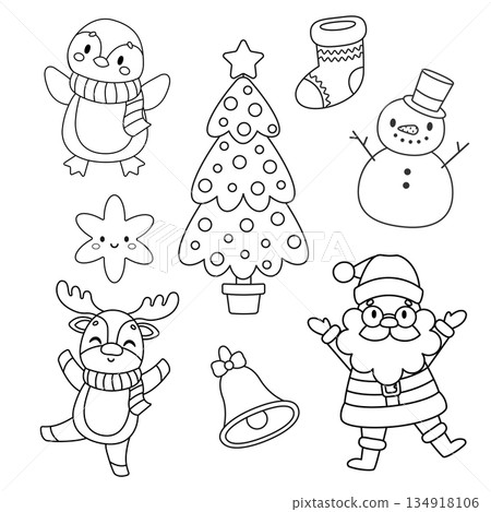 A set of outlines of cute cartoon Christmas characters. Colouring book. Isolated white background. Vector illustration A set of outlines of cute cartoon Christmas characters. Colouring book. Isolated white background. Vector illustration 134918106