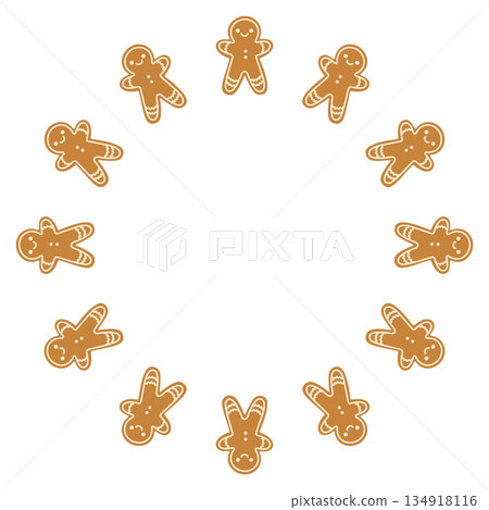 Cute gingerbread man. Round frame. Christmas cookies. Isolated white background. Vector illustration Cute gingerbread man. Round frame. Christmas cookies. Isolated white background. Vector illustration 134918116