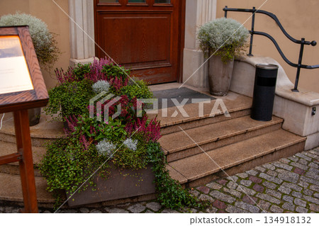 Planter with various plants near entrance of a building in a city Planter with various plants near entrance of a building in a city 134918132