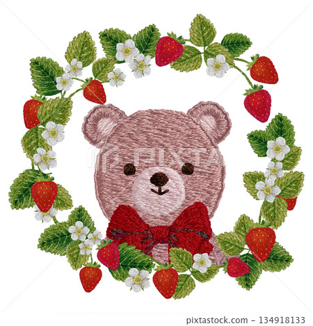 【草莓與泰迪熊圓形邊框】手工刺繡插畫素材 【草莓與泰迪熊圓形邊框】手工刺繡插畫素材 134918133