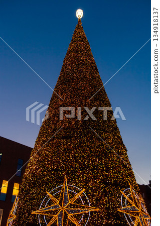 Large Christmas tree shining with lights in a public square at night 134918137