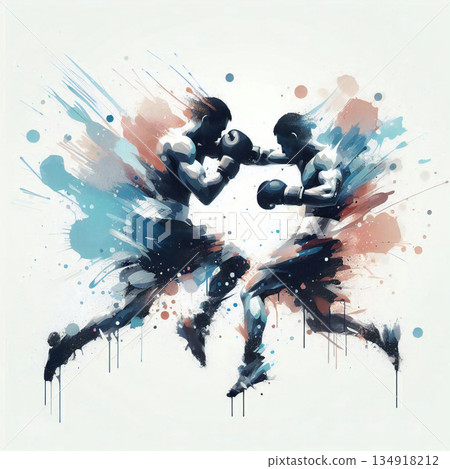 拳擊比賽剪影，動態墨跡潑濺抽象插畫，職業拳擊手的柔和色彩 134918212