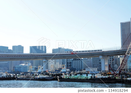 Rainbow Bridge Yurikamome Line running over Shibaura Loop Bridge Rainbow Bridge Yurikamome Line running over Shibaura Loop Bridge 134918294