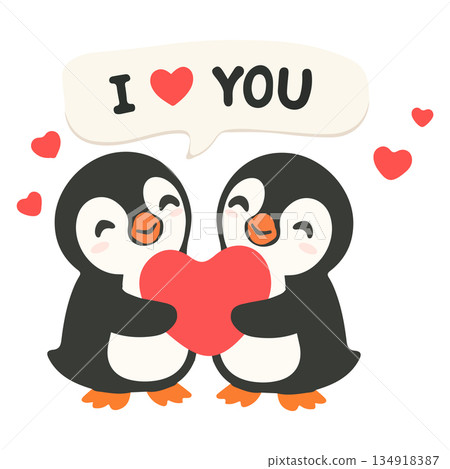 Illustration of Two Penguins Holding a Heart 134918387