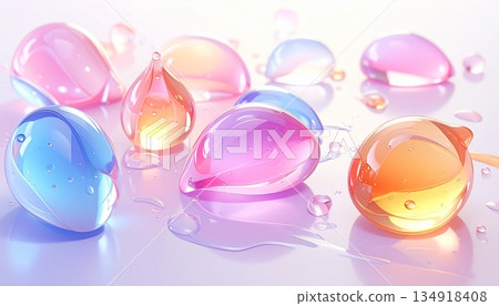 Pastel-colored water droplets sparkling background. No copy space. AI-generated material. 134918408