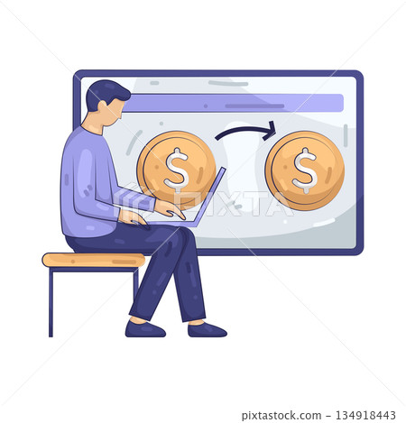 Illustration of Man Using Laptop for Online Money Transfer Illustration of Man Using Laptop for Online Money Transfer 134918443