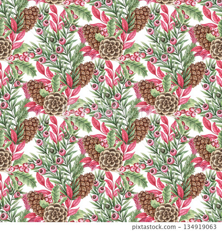 Pine cone with leaves Christmas seamless pattern. Hand drawn watercolor bouquet on white background. Floral winter mood for traditional textile and wrap paper design. Perfect for holiday wallpaper. 134919063