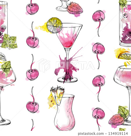 Seamless pink drinks with cherry lines. Strawberry berry creamy milkshake, lemonade juice, alcoholic beverages in watercolor splashes and ink. Hand drawn fresh, summery pattern for creative projects. 134919114