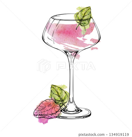 Refreshing strawberry Margarita cocktail in coupe glass with pink berry slice, mint leaves. Watercolor and ink. Isolated hand drawn illustration for culinary banners, clipart sets, event invitations. Refreshing strawberry Margarita cocktail in coupe glass with pink berry slice, mint leaves. Watercolor and ink. Isolated hand drawn illustration for culinary banners, clipart sets, event invitations. 134919119