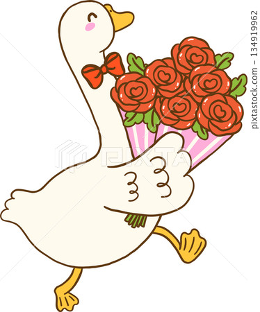 Valentine Goose with Bouquet of Roses Cartoon Hand Drawn 134919962