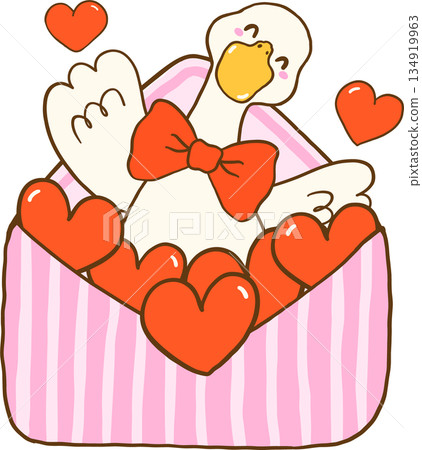 Valentine Goose with Red Bow tie in Love Letter Cartoon Hand Drawn 134919963