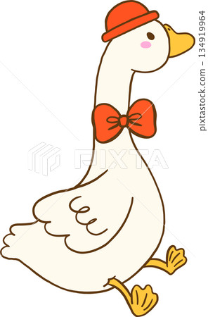 Valentine Goose with Red Bow tie and hat Cartoon Hand Drawn 134919964