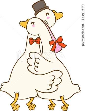 Valentine Geese Couple Goose Hugging Cartoon Hand Drawn 134919965