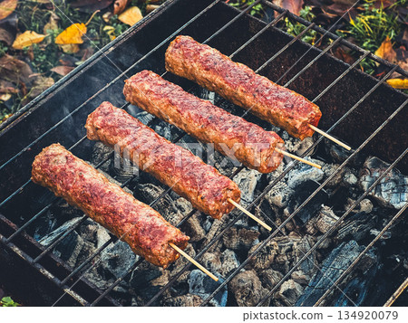 Grilling kebabs on a charcoal barbecue in autumn setting. Grilling kebabs on a charcoal barbecue in autumn setting. 134920079