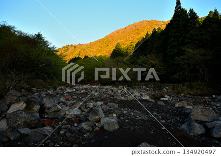 Mount Echizen in the Aitaka Mountains: Mount Echizen dyed in the morning glow and the Osawa River in Karasawa 134920497