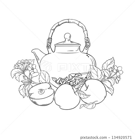 Apple Tea in Teapot Outline Illustration. 134920571