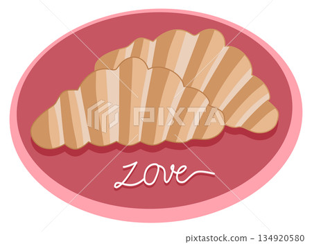 French Croissants on Pink Plate with Love Calligraphy for Valentine's Day French Croissants on Pink Plate with Love Calligraphy for Valentine's Day 134920580