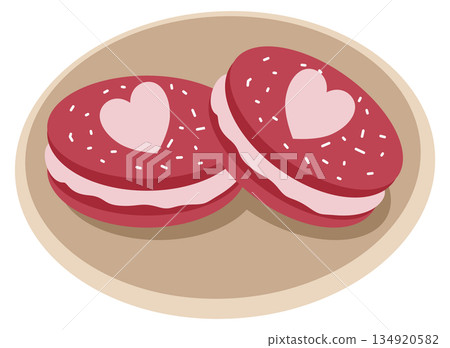 Valentine's Day Red Velvet Macarons with Heart Design on Plate 134920582